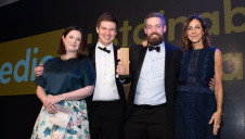Ainslie Macleod, associate director, Carbon Trust (far left) and compere Julia Bradbury present Whitbread's team with the award.